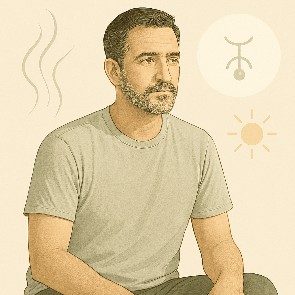 Editorial illustration showing the connection between blood flow, hormones, and energy in men’s health