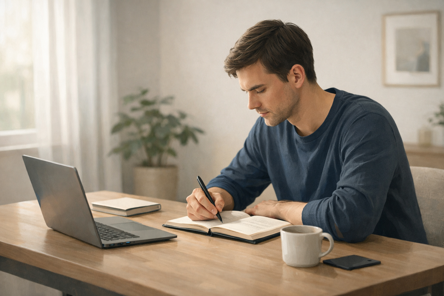 Focused work session with notebook and laptop in a minimalist workspace