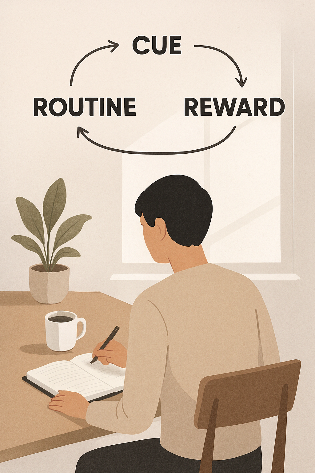 Illustration showing how cues, routines, and rewards form the habit loop in daily life