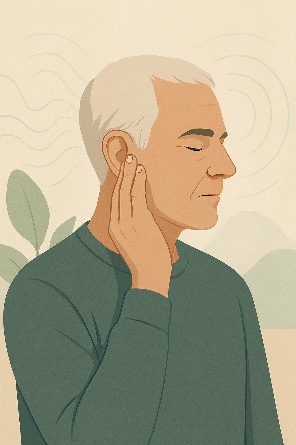 Dietary supplement concept illustrating auditory health, inner-ear balance, and nerve support in a calm wellness context